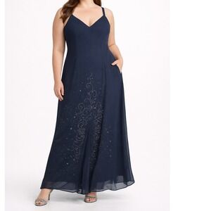 Navy Blue Embellished Maxi Dress Spaghetti Strap V Neck Formal Evening Gown 16W